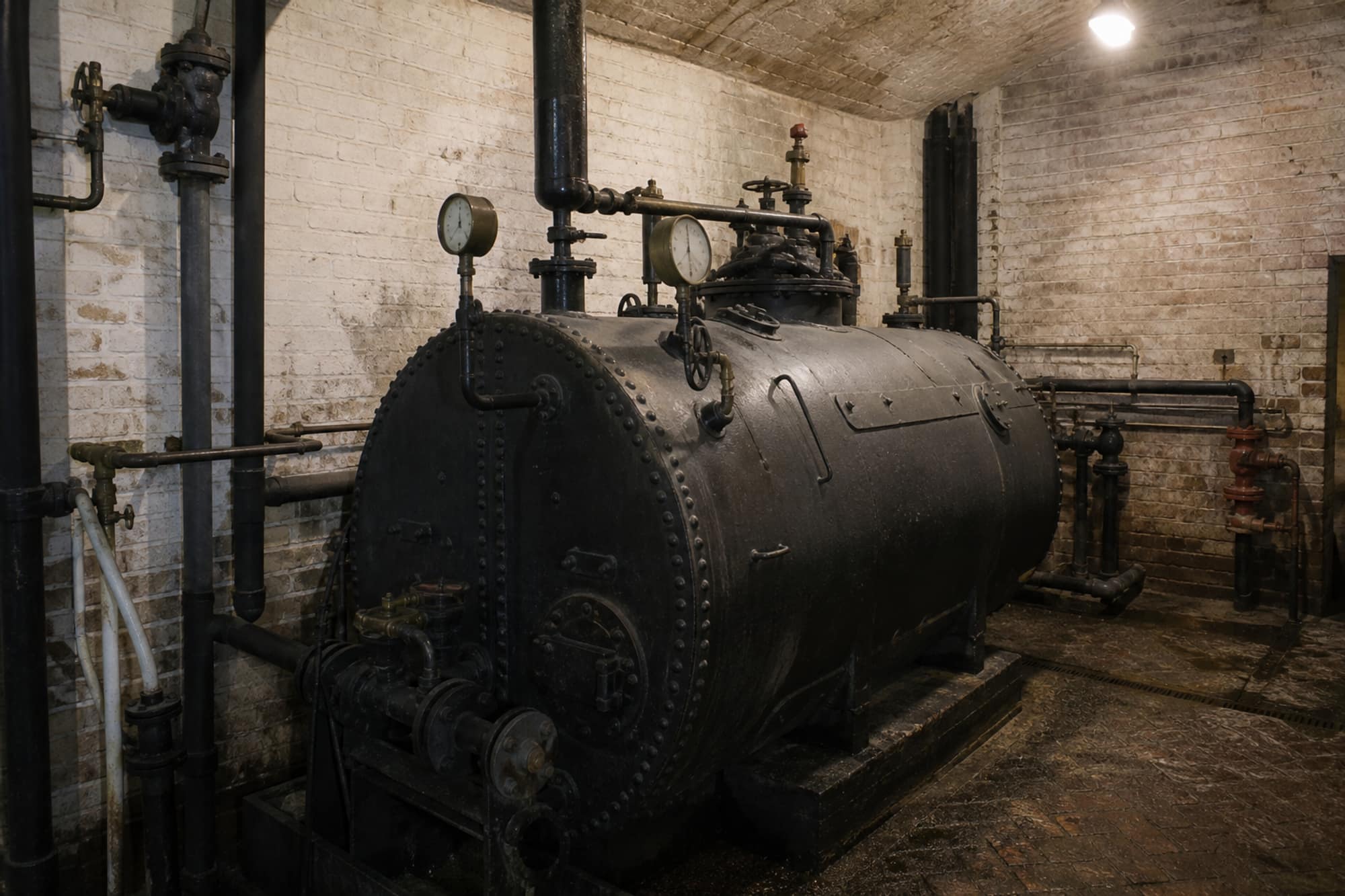 A large industrial boiler with pipework and gauges in a plain brick room