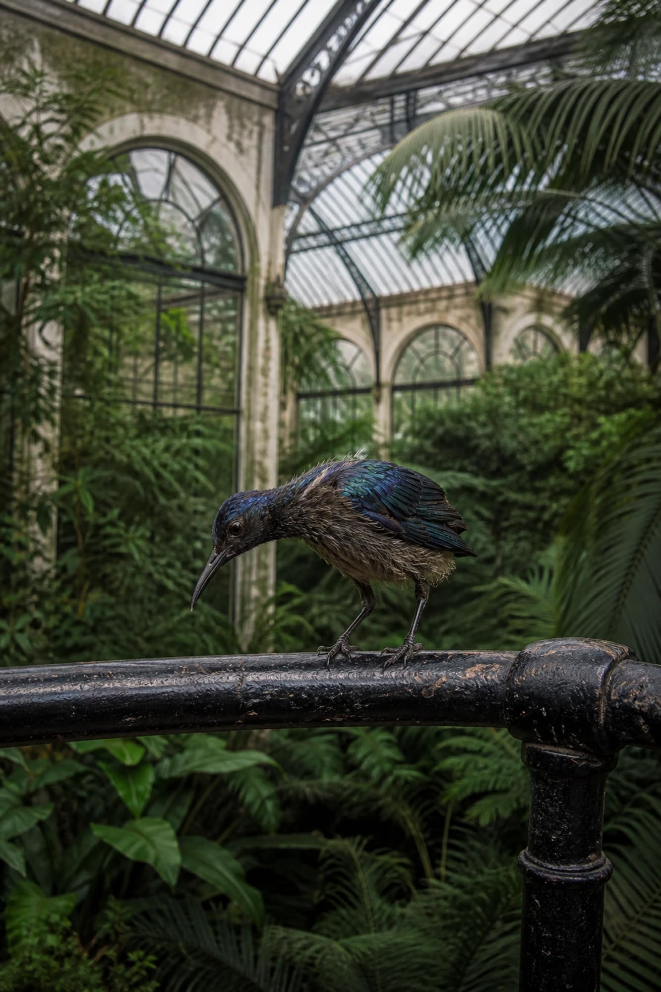 A young Drowsebird with uneven feathers gripping a handrail, looking down