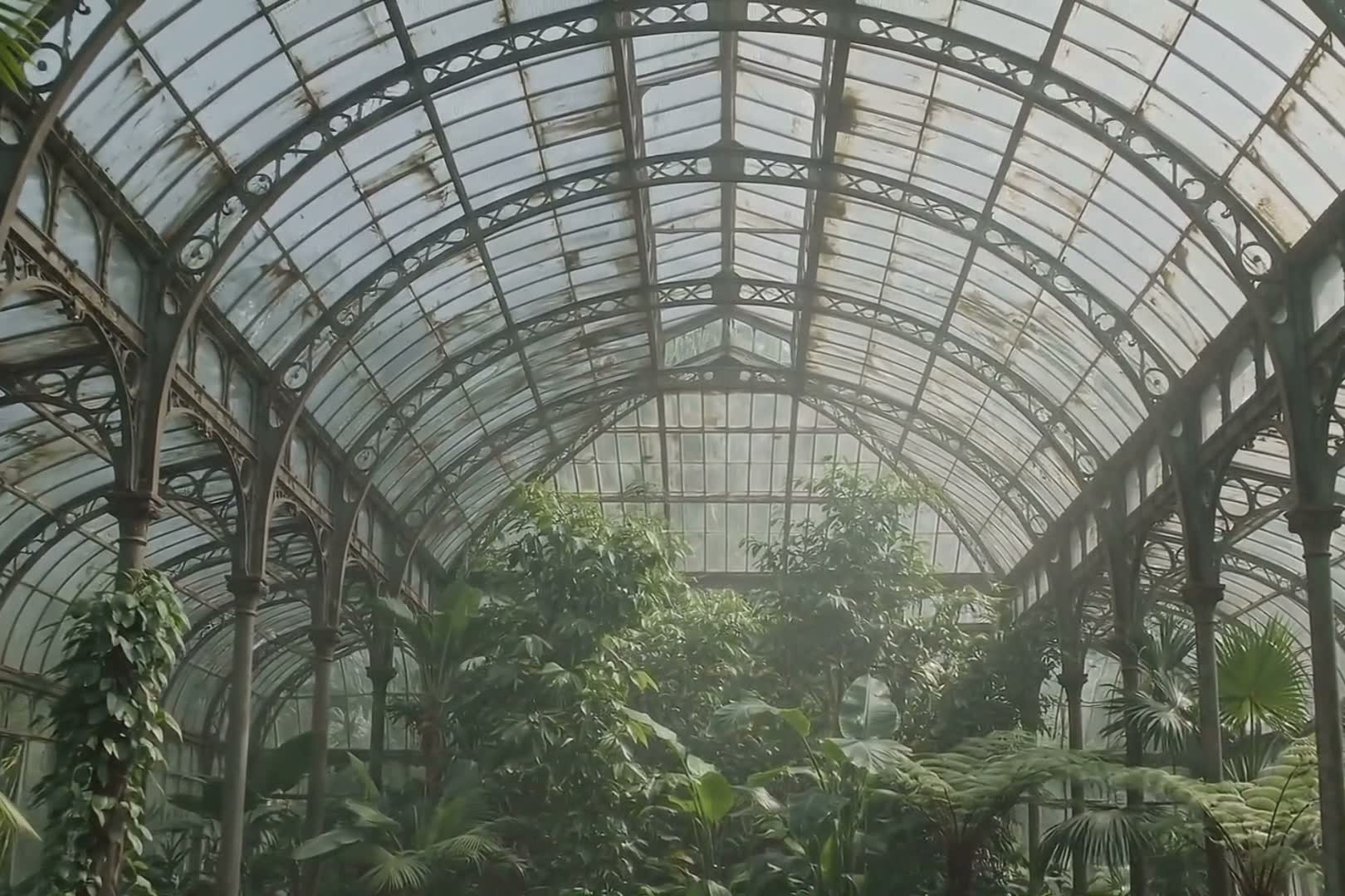 The full length of the glasshouse seen end on, canopy filling it to the roof