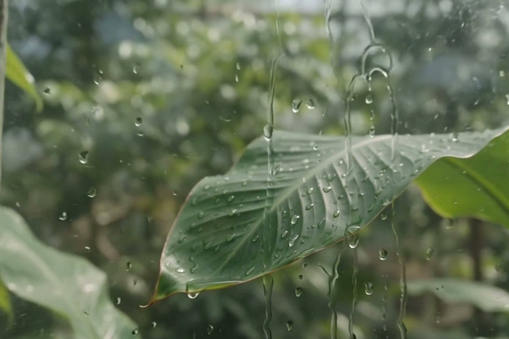 Condensation running down the inside of a tall glasshouse window in cold early light