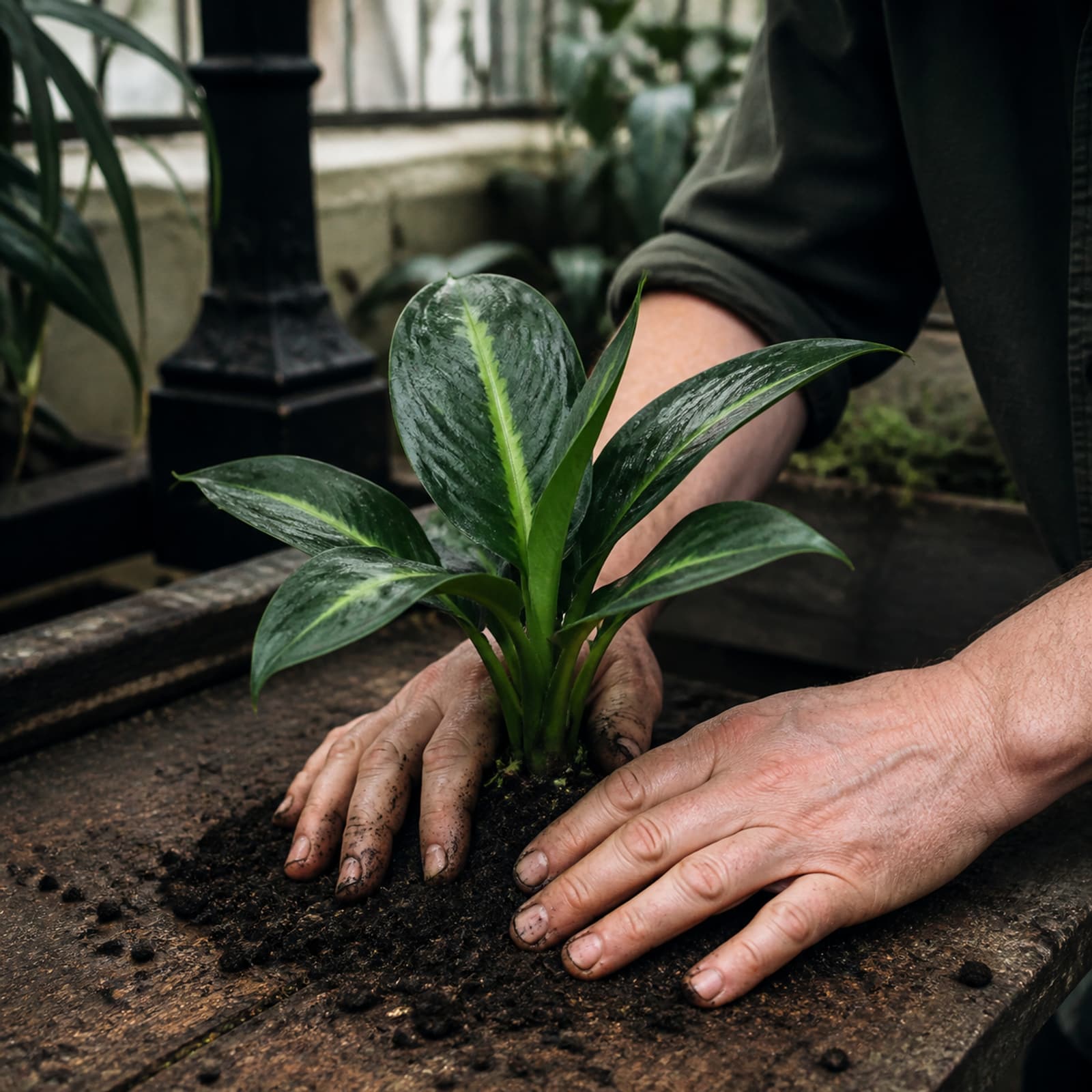 Two hands firming soil around a small plant, no face in frame