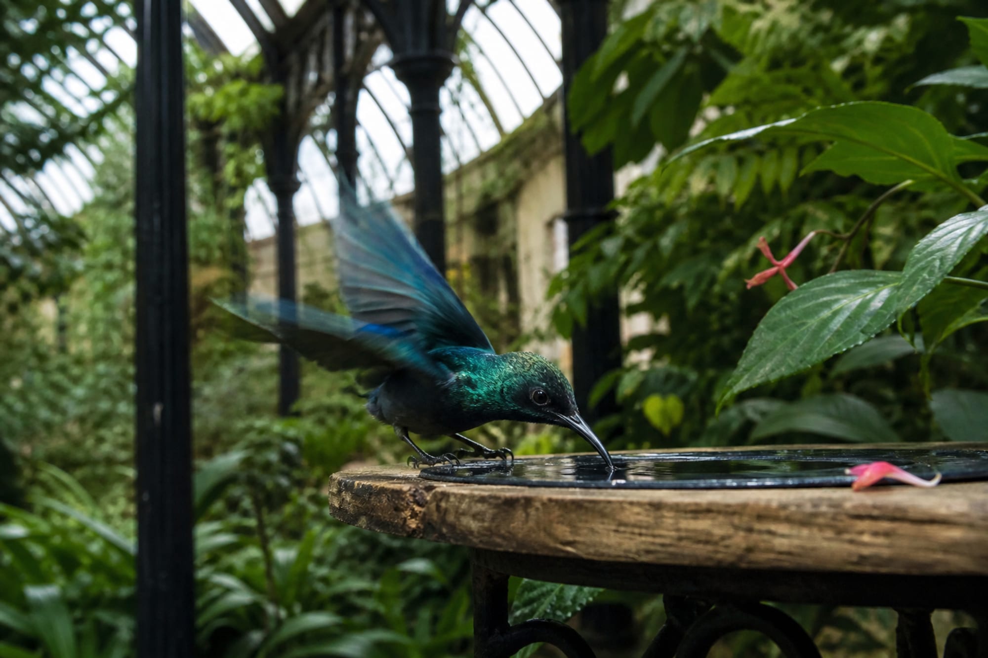 A male Drowsebird feeding at a shallow tray, wings blurred with movement