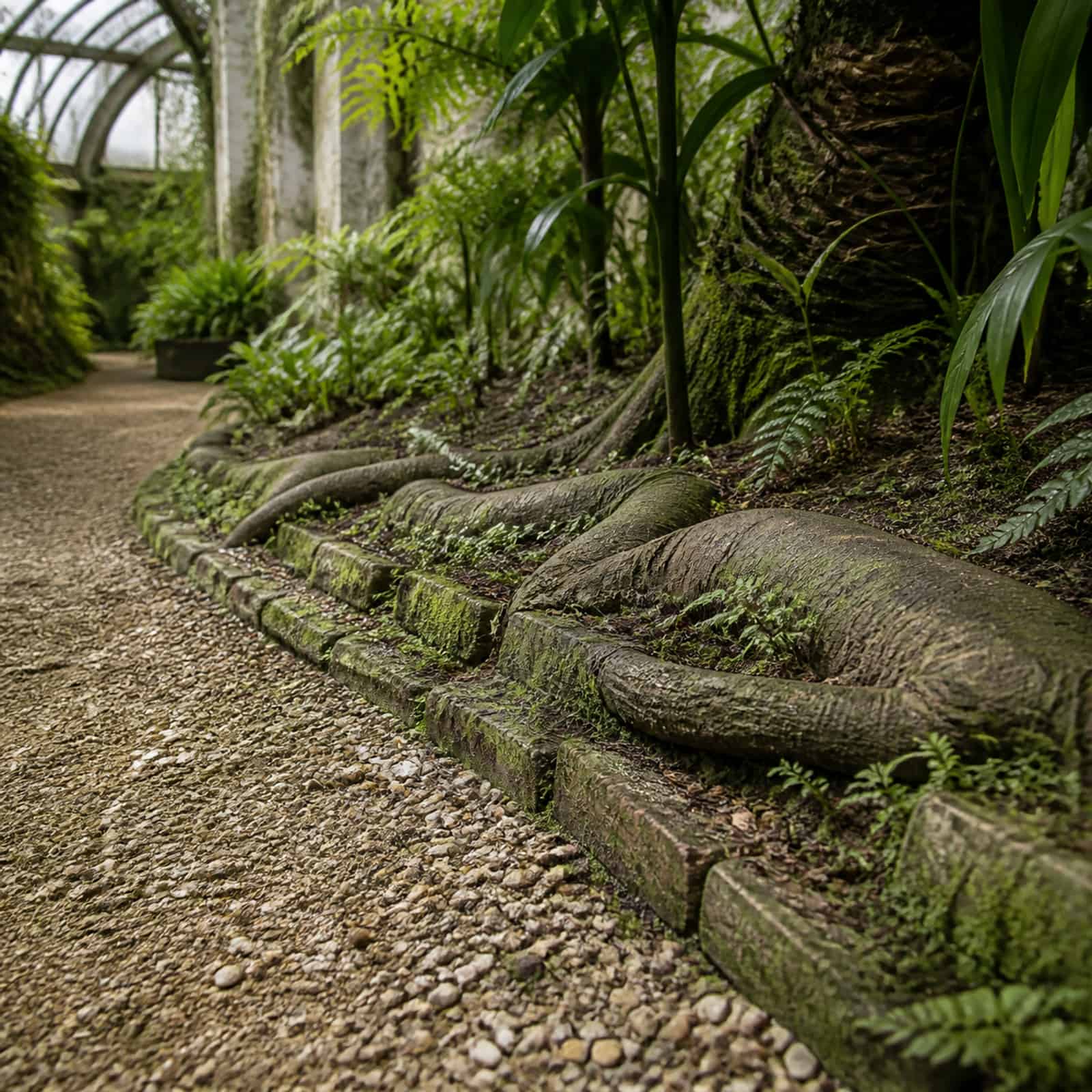 Thick roots crossing and lifting an old gravel path, gravel visible at the edges