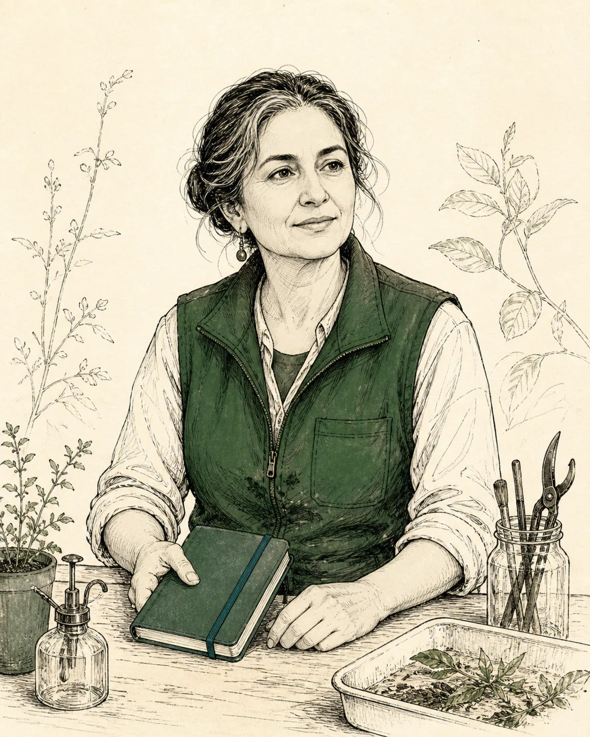 Ink and green wash illustration of Dr. Nadia Aliyeva seated at a workbench with a notebook