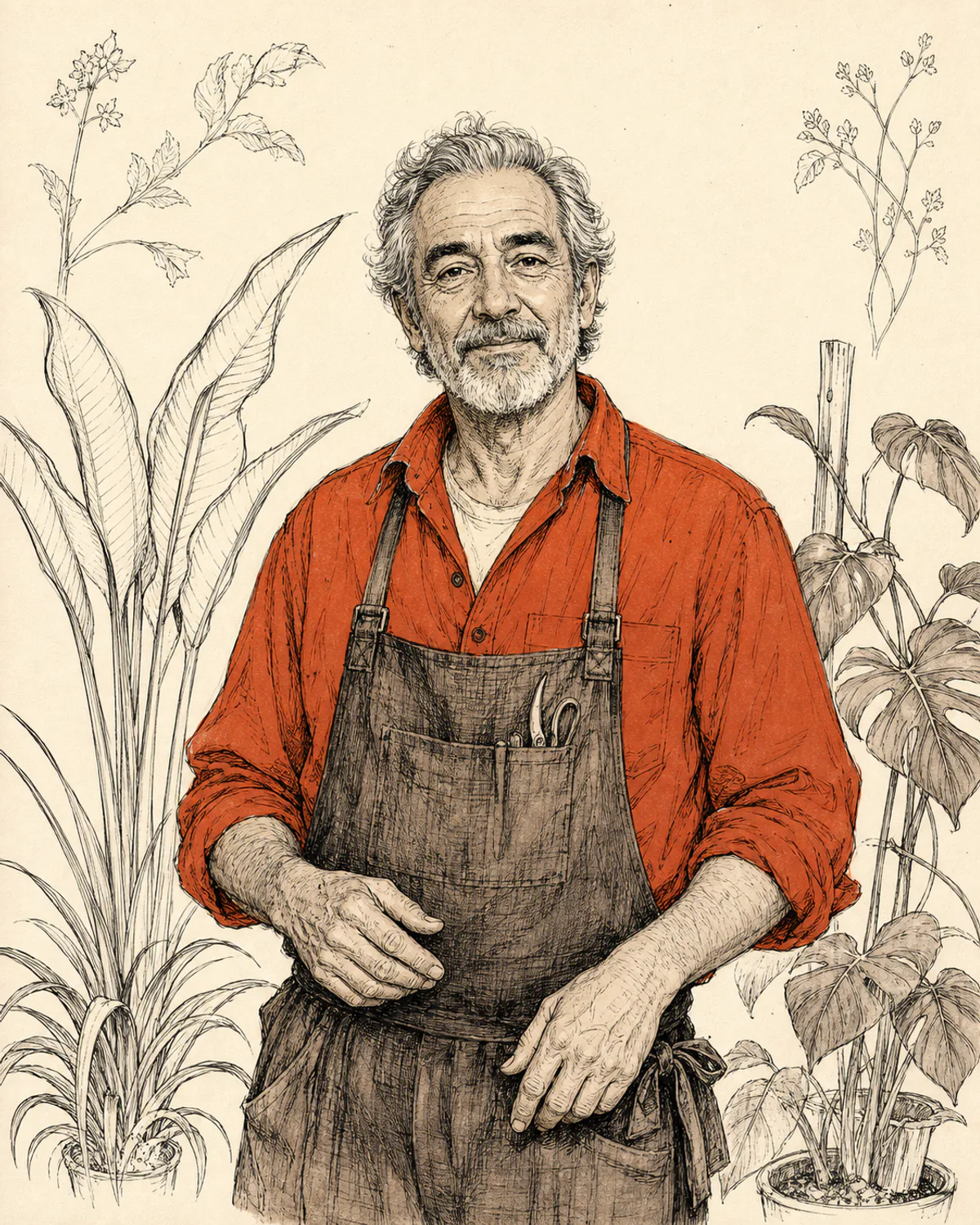 Ink and rust wash illustration of Tomás Peralta standing among tall planting