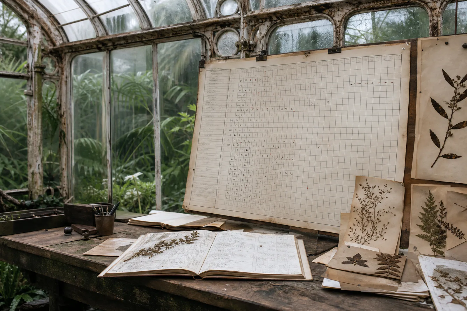 A wall chart of flowering dates with pinned specimens and handwritten weekly entries