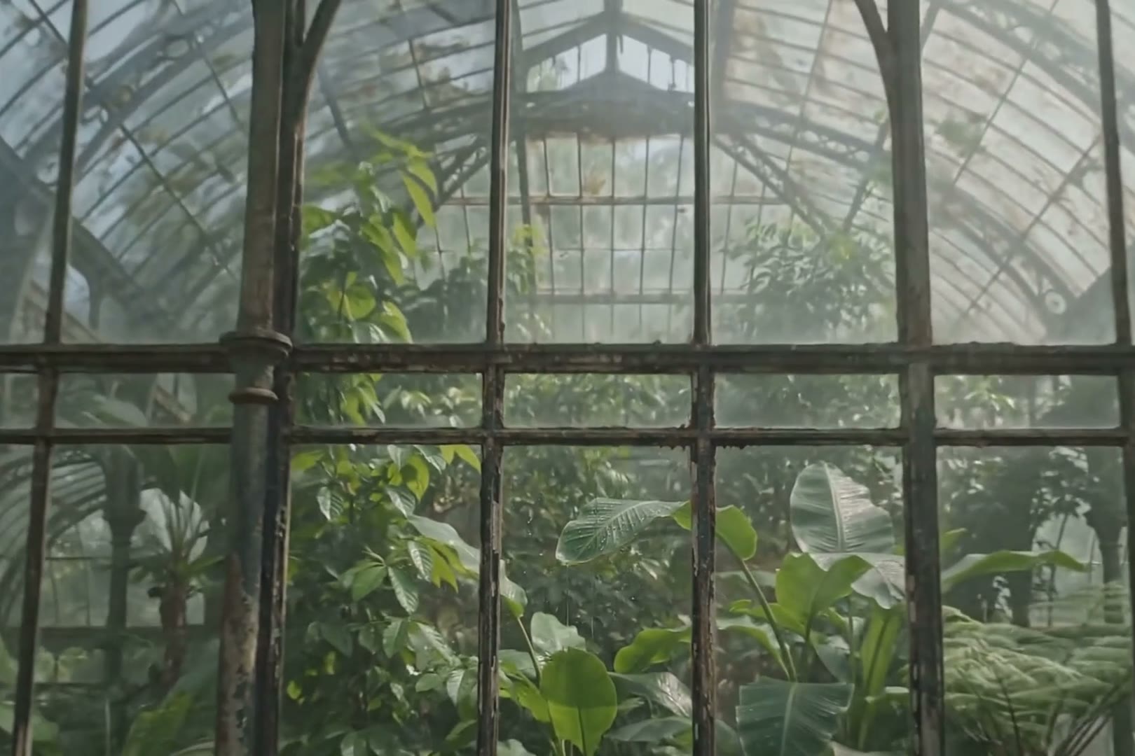 The canopy grown up against the original glazing bars, with no path through it